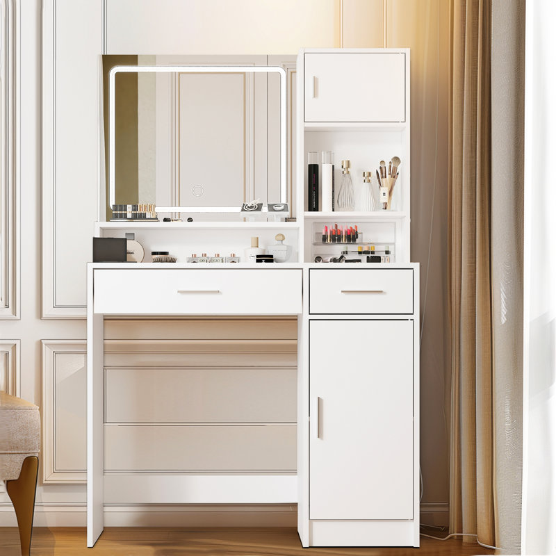 Table de coiffeuse de chambre à coucher avec DEL et rangement. Commode à 3 niveaux. Blanc, profondeur de 53,49 po Facile à installer - grande profondeur x 15,89 po de hauteur. Fonctionnel