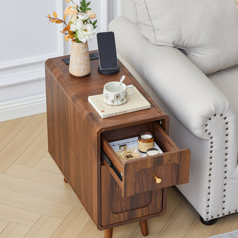 Narrow End Table With Charging Station, Brown