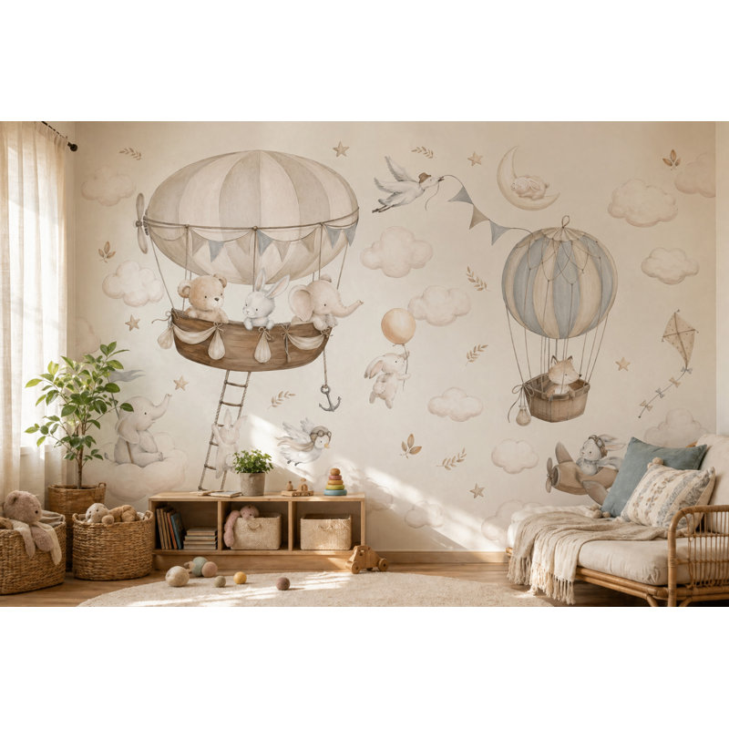 Papier peint fond blanc avec montgolfière, 120 po x 96 po, Non tissé