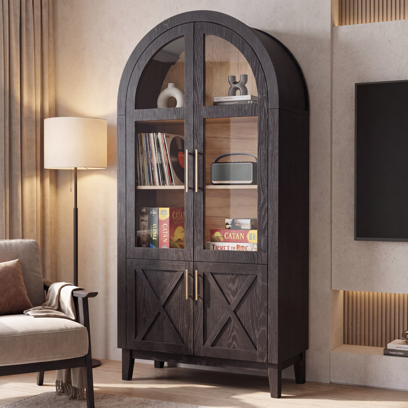 Tall Arched Farmhouse Storage Cabinet, Reversible 4-Door Kitchen Pantry with Glass & Rattan X Wood Doors, Adjustable Shelves, Display Cabinet for Kitchen Dining & Entryway