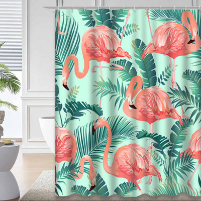 Pink Flamingos Exotic Birds Tropical Palm Leaves Trees Jungle Shower Curtain with 12 Hooks