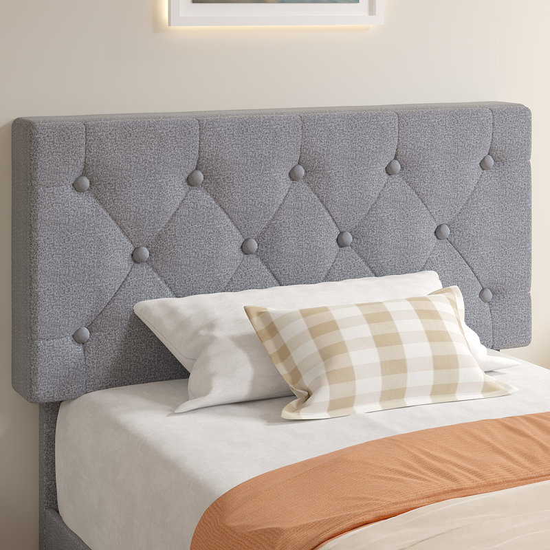 Grey Twin Size Velvet Upholstered Platform Bed Frame with Diamond Tufted Headboard, No Box Spring Needed, Gray, Twin