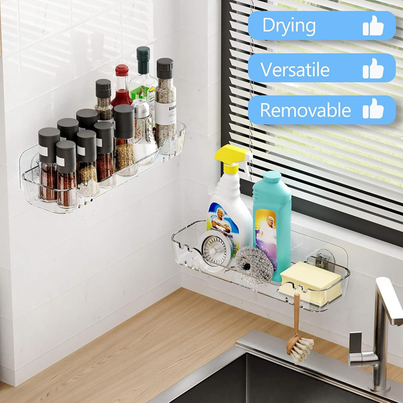  Serviteur de douche mural en acrylique, tablette adhésive avec ruban adhésif, organisateur de douche sans perçage, tablettes transparentes pour la salle de bain, longue