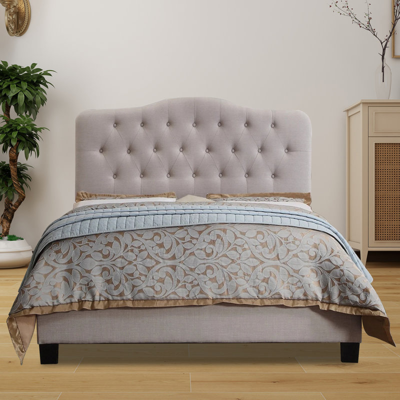 Structure de lit tapissier capitonné avec tête de lit à hauteur réglable, Beige, Grand lit