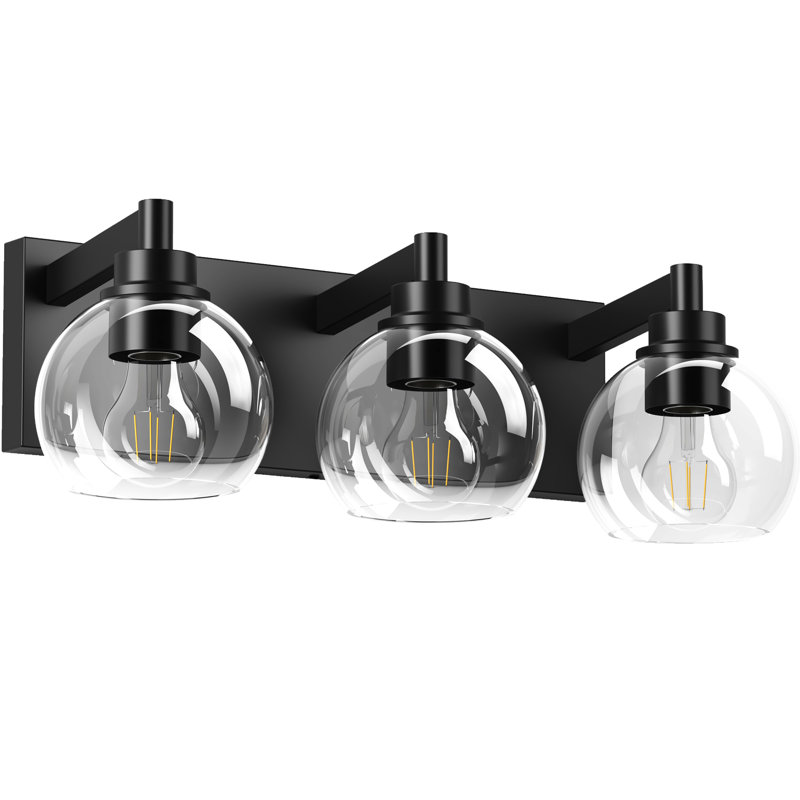 3 lumières pour appliques de salle de bain avec abat-jour en verre transparent et finition noir mat - utilisation intérieure, eau, meuble-lavabo à douille E26 3 lumières, abat-jour, plafonnier semi-encastré,
