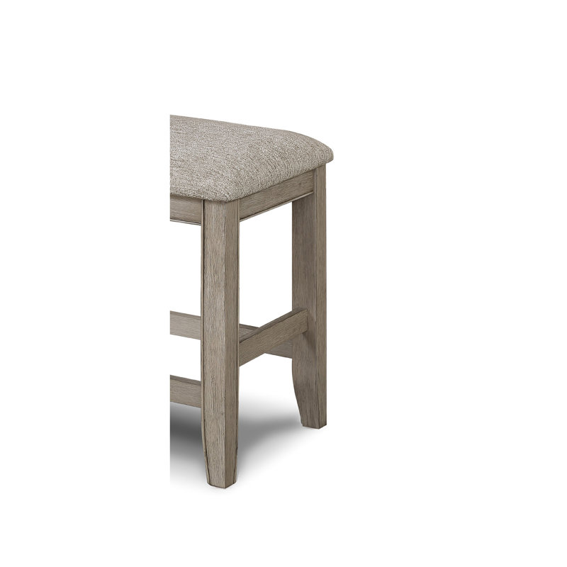 Rectangular Counter Height Bench With Grey Upholstery And Footrest, Strong Wood Frame For Dining Room In Beige Gray, Upholstered Area