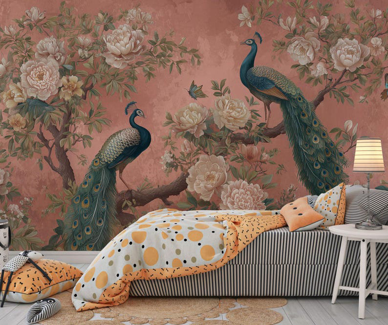 Papier peint à motif de paon, adhésif mural chinois, L 150 po x H 108 po, Peler et coller