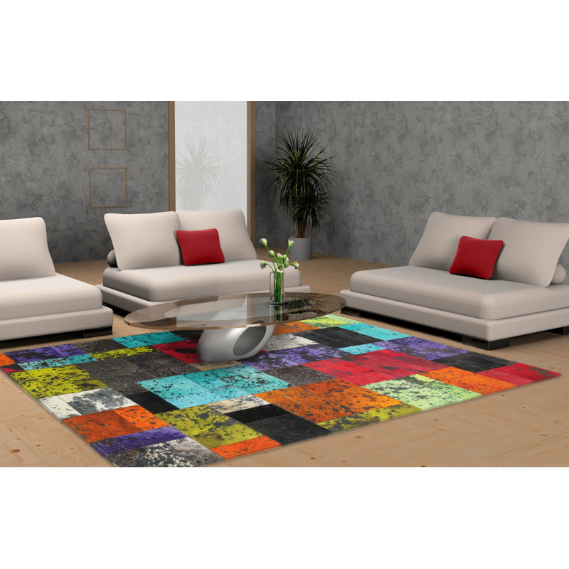 Area Cowhide Patchwork Area Rug in Black/Red/Blue, Rectangle 5' x 8'
