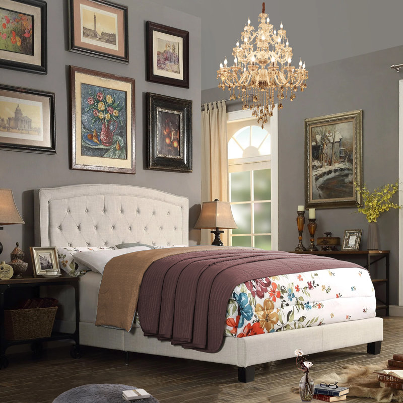 Lit rembourré 100% lin capitonné avec tête de lit à hauteur réglable, Beige, Grand