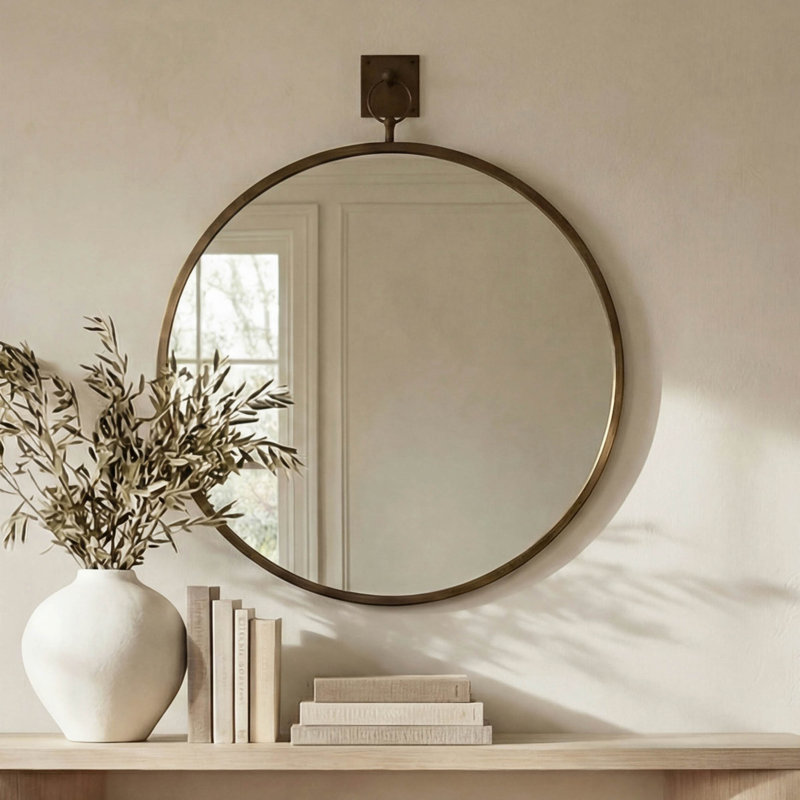 Miroir, rond, cadre en fer, panneau arrière en panneau de fibres à densité moyenne, profil transitionnel Heritage, laiton vieilli