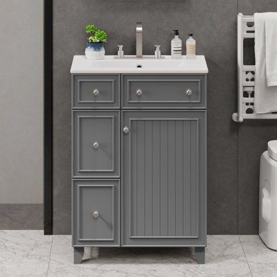 Meuble-lavabo gris 24 po avec lavabo en céramique et porte à fermeture en douceur