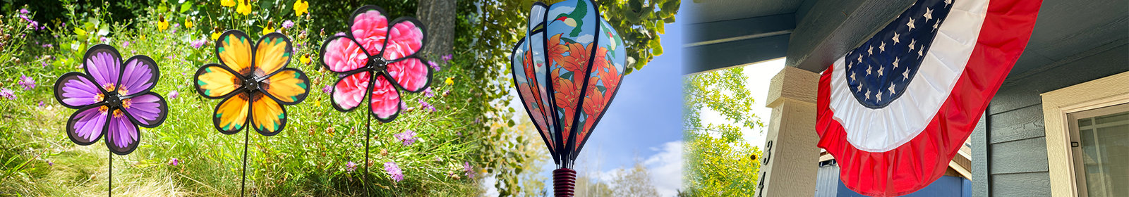 Three In the Breeze products: realistic flower spinners, a hot air balloon spinner and bunting