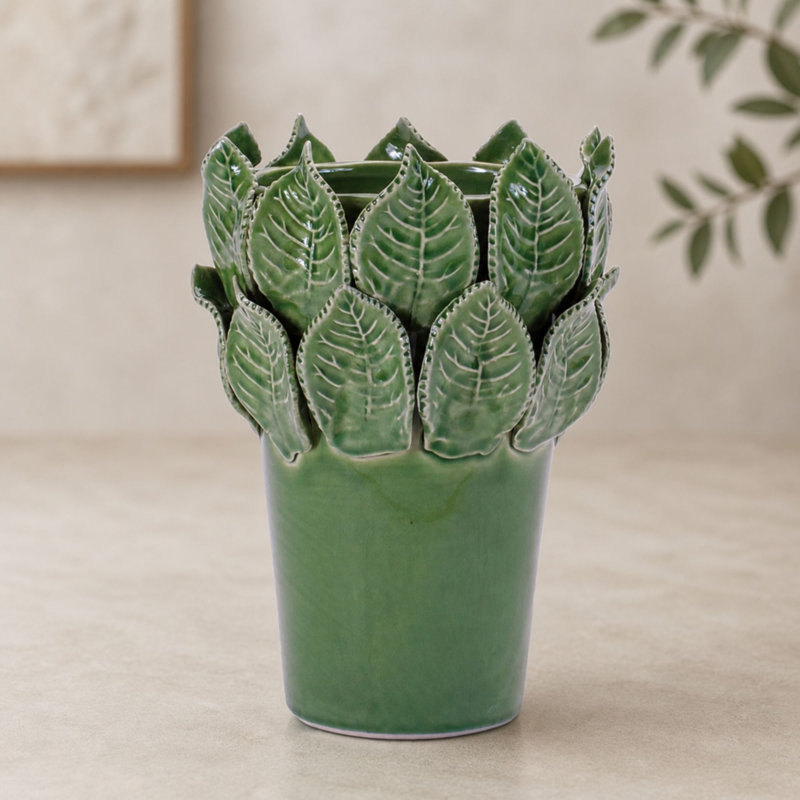 Vase en grès avec feuilles 7,5 H