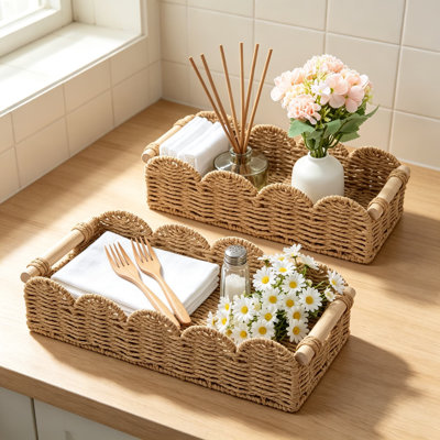 Paper Rope Storage Basket Set of 2 with Wooden Handles, Scalloped Toilet Paper Organizer and Decorative Bins for Bathroom, Living Room, and Home Organization