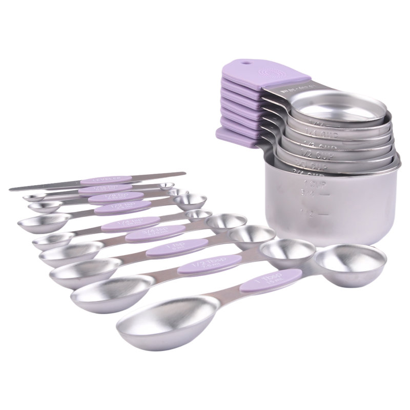 Ensemble de 16 cuillères à mesurer magnétiques en acier inoxydable, à double échelle gravées avec poignées en silicone et niveleur pour la préparation de la cuisine