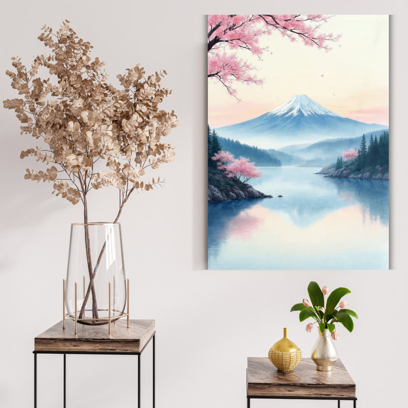 Tableau mural en verre trempé du lac aux cerisiers en fleurs du mont Fuji, H 40 po x l 30 po