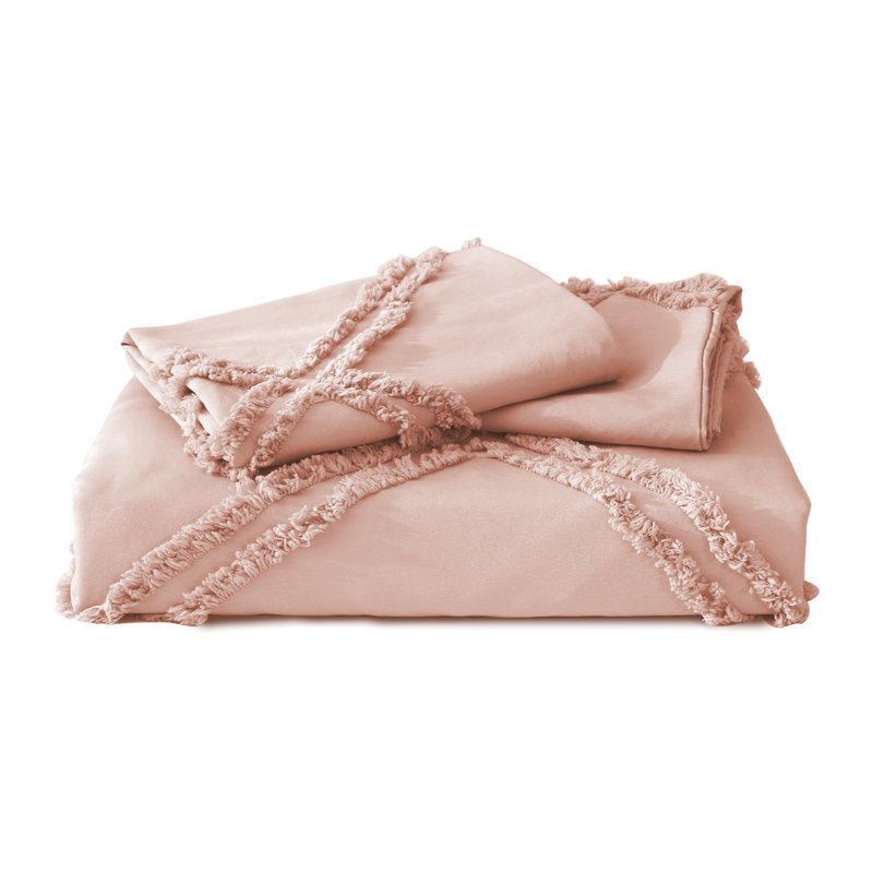 Solayne Boho Tufted Duvet Cover Set – Textured Geometric Pattern, Corner Ties & Zipper Closure, Pink