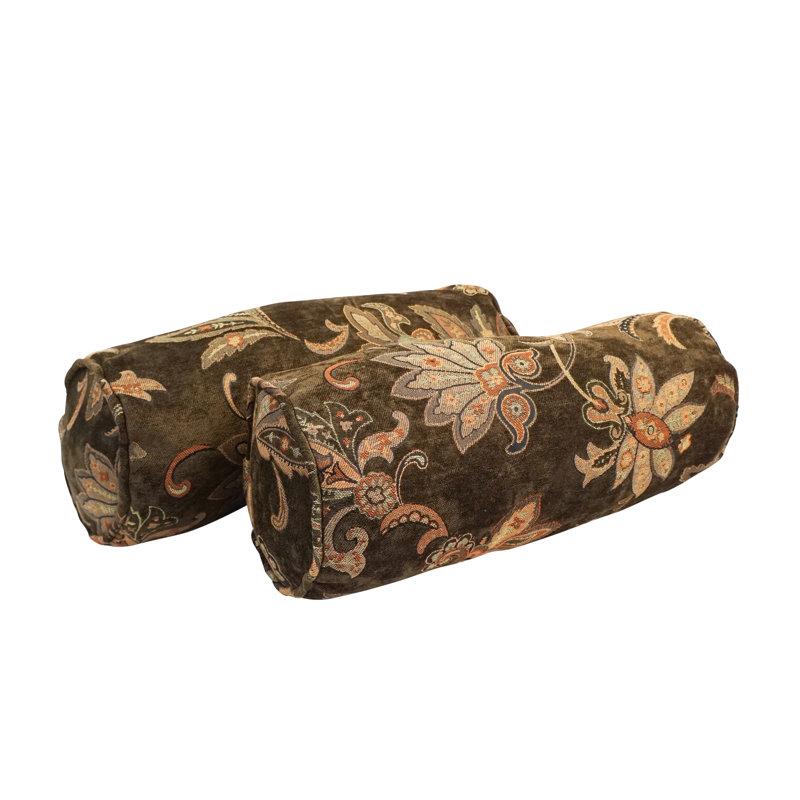 Brown Floral Chenille Bolster Pillow Set, 20" x 8"