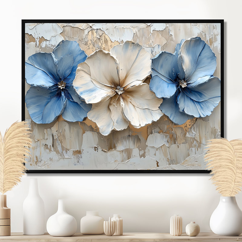Impression sur toile rhododendron crème velours bleu Rhododendron II, H 34 po x l 44 po, Floater Framed