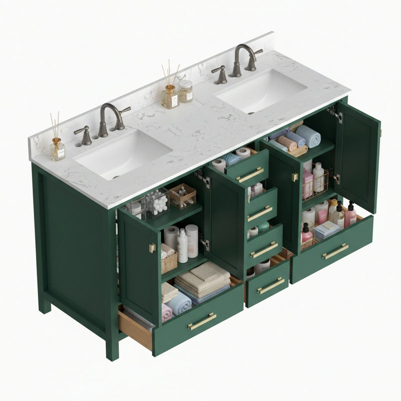 Meuble-lavabo 60 po, meuble-lavabo avec cadre en bois massif, comptoir autoportant avec 2 lavabos vert, Vert