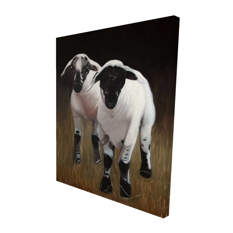 Deux agneaux - toile noire, animaux de ferme, décoration murale