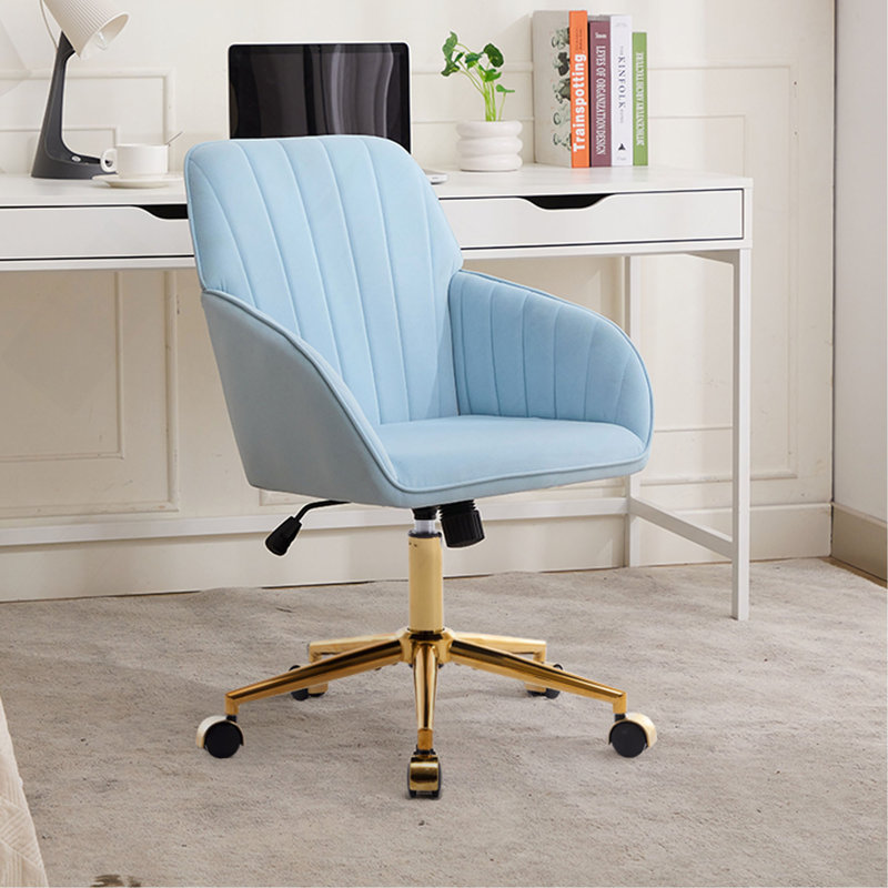 Chaise de bureau réglable, fauteuil, chaise pivotante avec base en métal, Bleu pastel, Doré