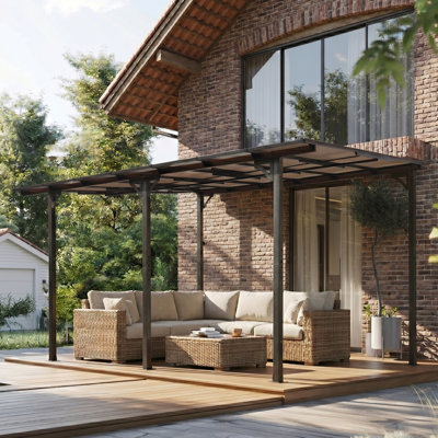 10' X 14' Outdoor Pergola Gazebo,Wall-Mounted Lean To Metal Awning Gazebo With Roof,Large Heavy Duty For Patio,Decks,Backyard