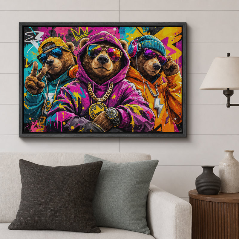 «Hip Hop Bear Graffiti», impression sur toile, impression sur toile encadrée, H 16 po x l 24 po x P 1,5 po, Cadre noir