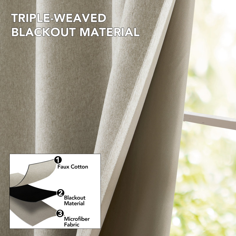 Full Blackout Faux Linen Look Thermal Insulated Grommet Curtains (Set of 2), 52" W x 96" L, Flaxen