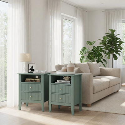 Fluted 2-Drawer Nightstand Set, Modern Green with Storage, Perfect for Small Spaces and Elegant Decor