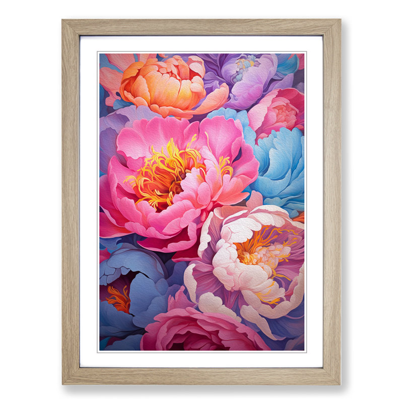Peony Flower Colour Field - Single Picture Frame Print on Wood, 64cm H x 46cm W x 2cm D, Oak Framed