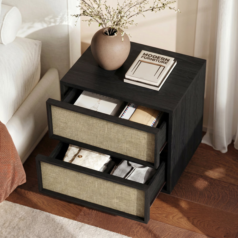 Table de chevet en bois 18,9 po avec 2 façades de tiroirs en tissu (ensemble de 2), Black2