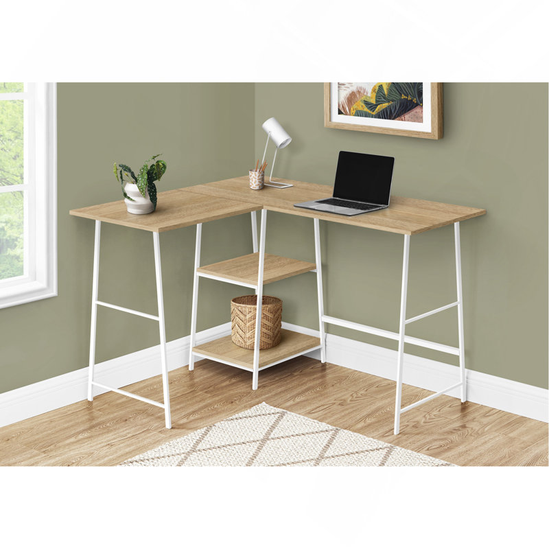 Bureau d'ordinateur, bureau personnel, coin, tablettes de rangement, L 48 po, forme en L, travail, ordinateur portable, stratifié naturel, métal, contemporain