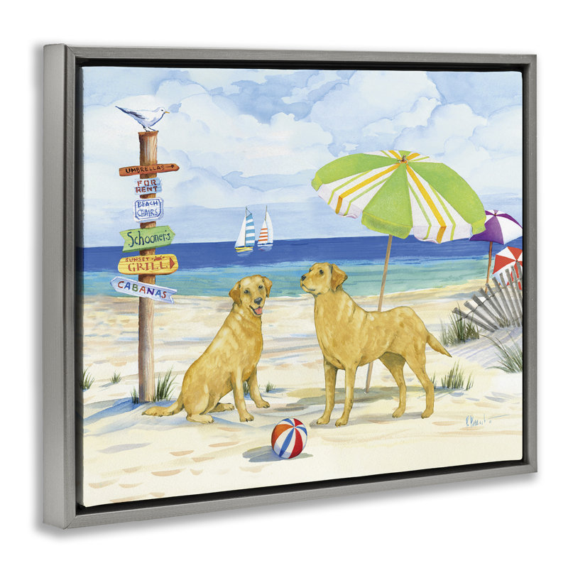 «Dog Beach Day», art mural encadré par Paul Brent, Cadre flottant gris lustré, H 17 po x l 21 po