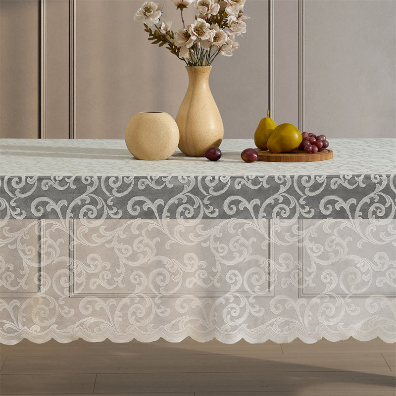Stefani Floral Lace Fabric Tablecloth, Lace Fabric Table Cloth for Round Tables, Wrinkle Resistant Tablecloth, Patterned Scalloped Tablecloth