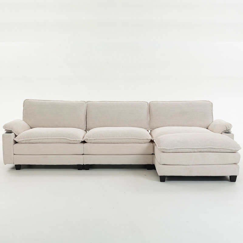 Canapé modulaire en forme de L 113 po 3 + 1 de 113 po - Canapé modulaire en nuage avec repose-pieds, éponge à haute résilience 35D, coussins épais à double couche, porte-gobelets et sacs de rangement pour le salon / appartement