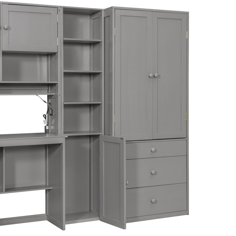 Lit plateforme simple en bois avec bureau, armoire, armoires, tiroirs et tablettes, Gris