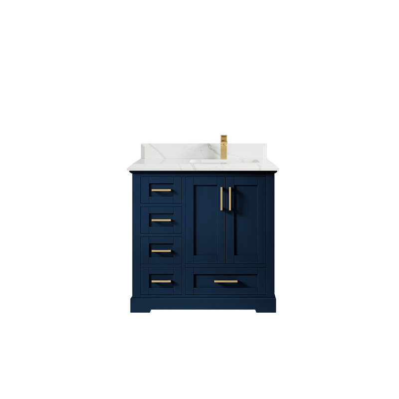 Boston 36 In. W X 22 In. D Right Offset Sink Bathroom Vanity In Navy Blue With Cove Edge Quartz, Calacatta Laza