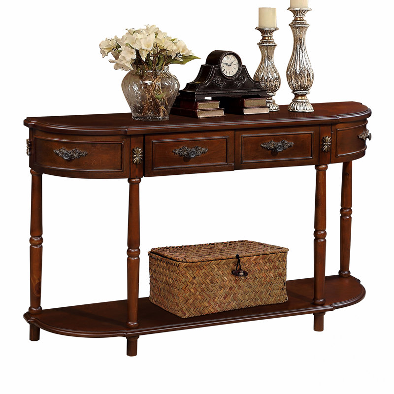 Retro Curved Wood Console Table, 52 inch Circular Half Moon Sofa Table with Open Shelf and 2 Drawers, Solid Wood Entry Table for Living Room, Hallway, Navy Blue + Brown Top
