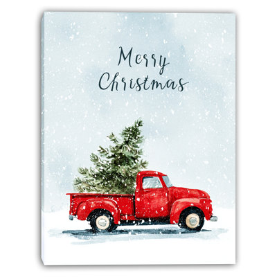 Red Truck with Tree Merry Christmas Wrapped Canvas Wall Art