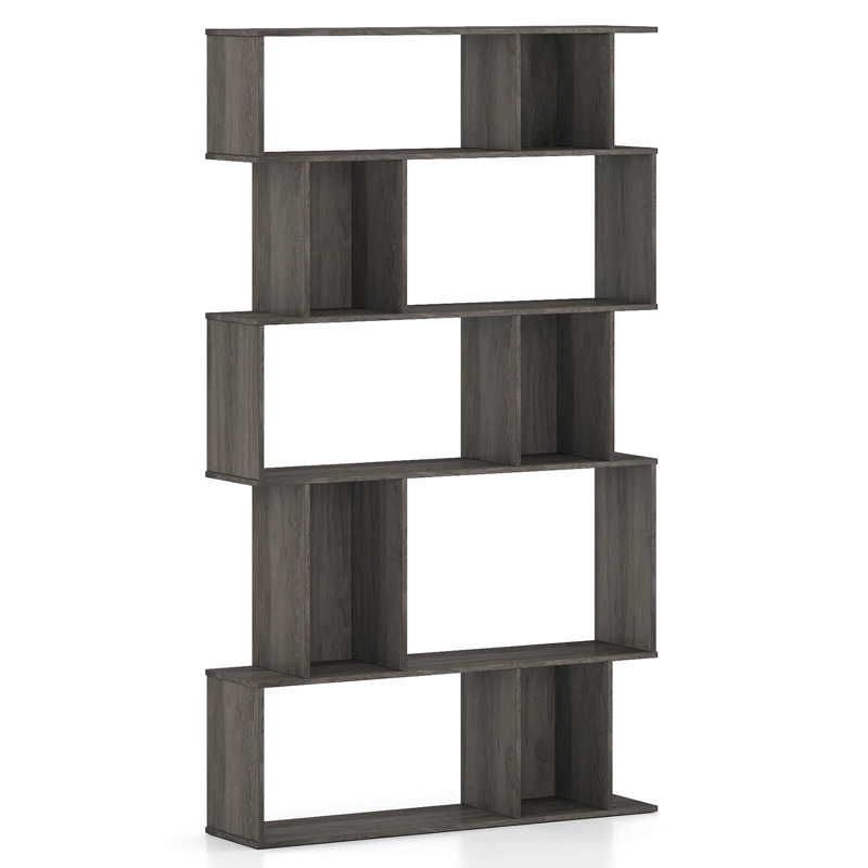 1 bibliothèque géométrique à 5 niveaux avec tablettes ouvertes et cubes à dossier fermé pour salon chêne gris, Chêne gris, 1
