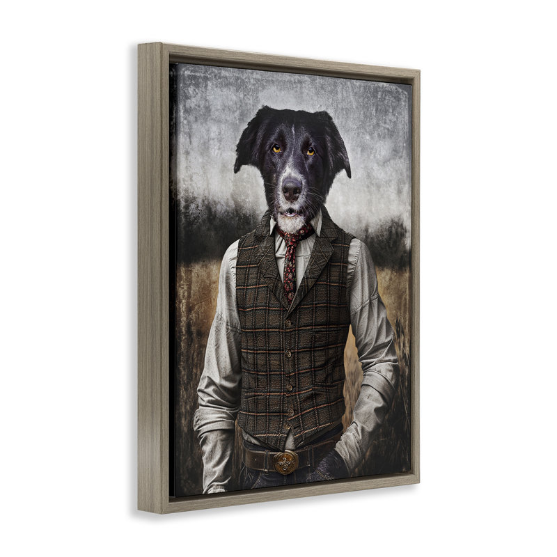 "Chien en vêtements coloniaux" par Karen Burke, Cadre flottant orme Montalcino, H 21 po x l 17 po x P 1,7 po