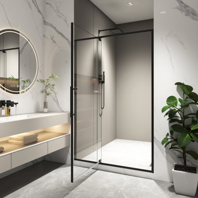 Pivot Shower Door 44 - 48"w X 74", 5/16" Tempered Glass, Matte Black, Open Externally, 105 Degree Limit, Straightforward Install, 4 Inch Adjustment, 304 Stainless Steel Hardware, Leak, Magnetic Seal,