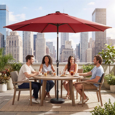 Parasol de table solaire 10 pi avec lumières, parasol de table d'extérieur | 32 DEL, 8 nervures en fer robustes, manivelle et inclinaison à bouton-poussoir, sans base, pour piscine de jardin
"
