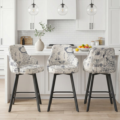 Swivel Linen Upholstered Counter Stool with High Back (Set of 3)
