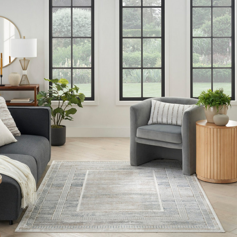 Grey Abstract Bordered 10Mm Pile Rug For Bedroom, Living, & Dining Room, Anti Shed Modern Rug, Rectangle 239 x 300 cm