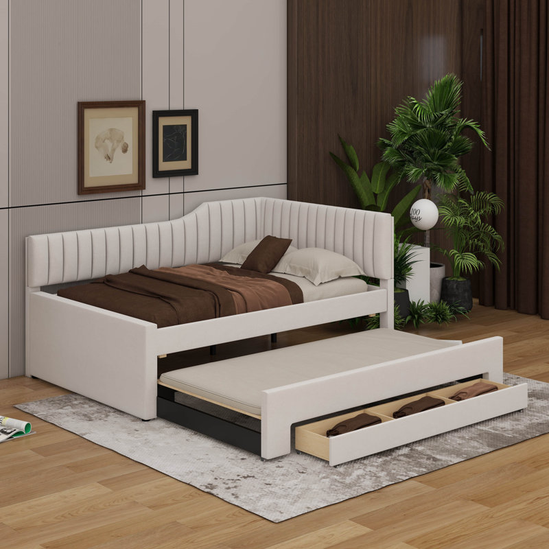 Upholstered Daybed With Trundle And Drawers, Beige, Full/Double