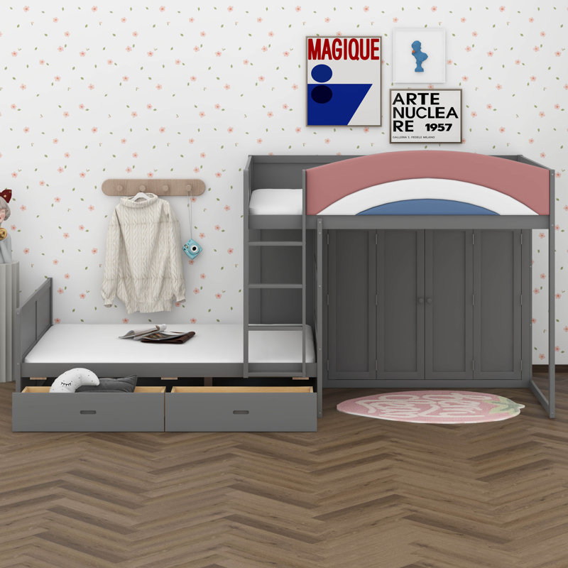 Lit superposé double avec rangement, lit superposé en bois avec tiroirs de rangement et garde-robe, échelle de sécurité et garde-corps rembourrés