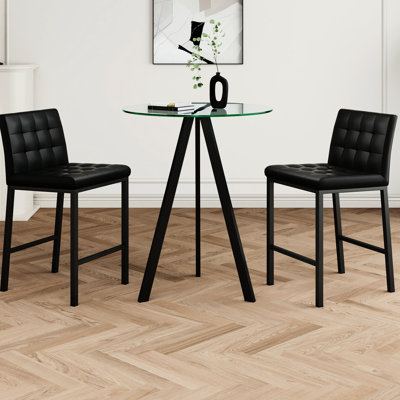 Black Pu Fabric Bar With Tempered Glass Table & Chairs - Metal Legs, Simple Style For Bars, Restaurants, Bedroom. , Elegant, Space. Supports 250 Lbs Stylish And Surface, Legs. For Various Locations.