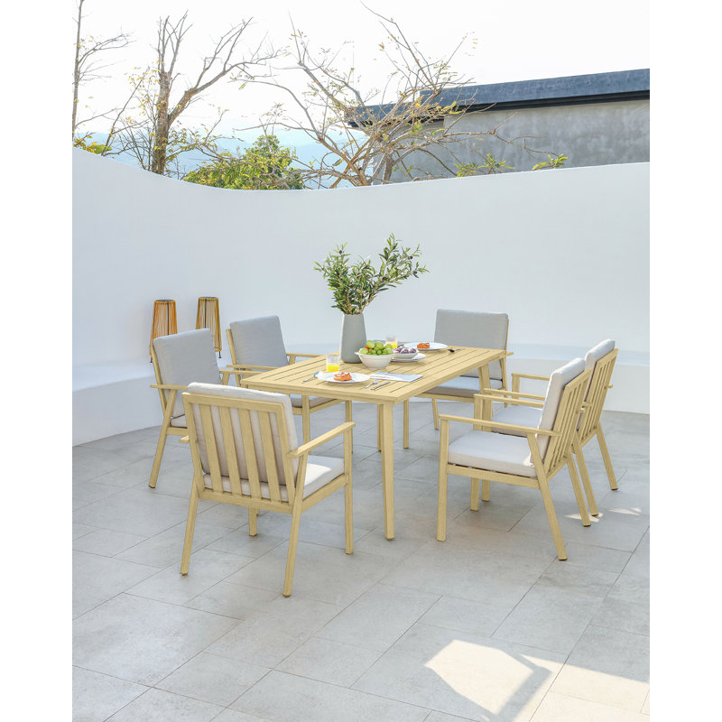 Table de jardin en aluminium pour 8 personnes avec trou pour parasol de 5,6 cm, résistante aux intempéries, idéale pour terrasse, jardin, véranda ou pelouse. Finition de bois d'érable.